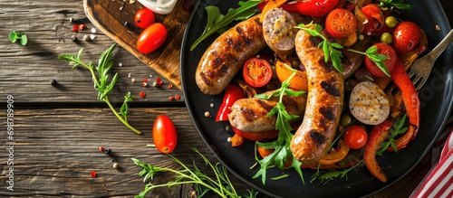 Tasty sausage and vegetable dish on wooden table photo