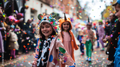 groupe d'enfant qui parade dans la rue pour Mardi-gras photo