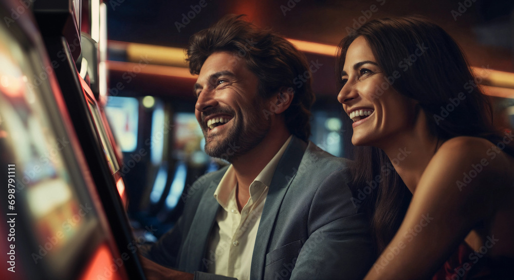 Young couple at casino playing on slot machine - obrazy, fototapety, plakaty 