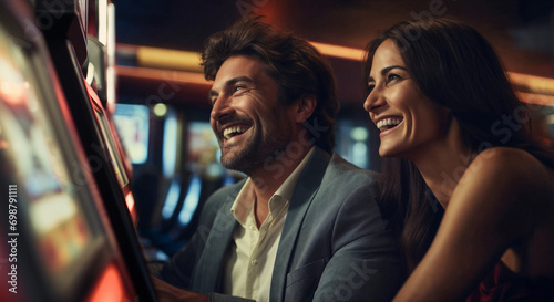 Young couple at casino playing on slot machine
