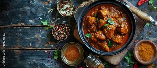 Hot and spicy Indian chicken curry with Goan and Punjabi influences, made with traditional spices and served at a Dhaba in Punjab. photo