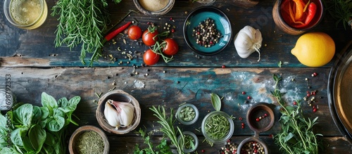 Assorted ingredients on wooden table, aerial view.