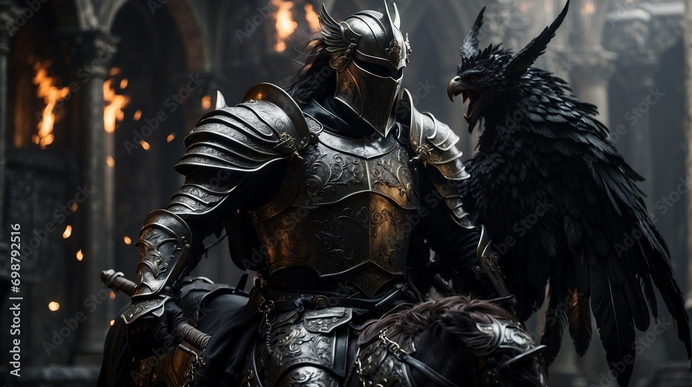 a knight in silver armor, riding a black Pegasus