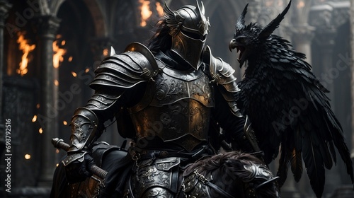 a knight in silver armor  riding a black Pegasus