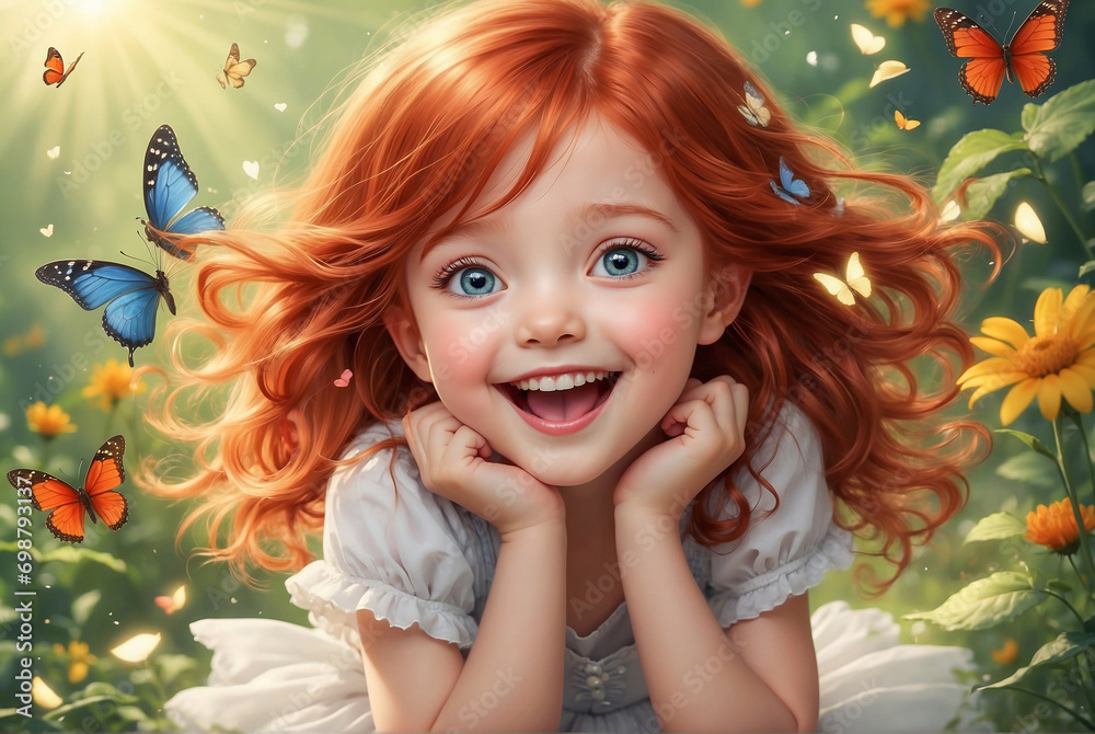 portrait of a cute girl with curly red hair against a background of fluttering butterflies. romance and love concept. portrait of a cute girl with curly red hair against a background of fluttering butterflies. romance and love concept.