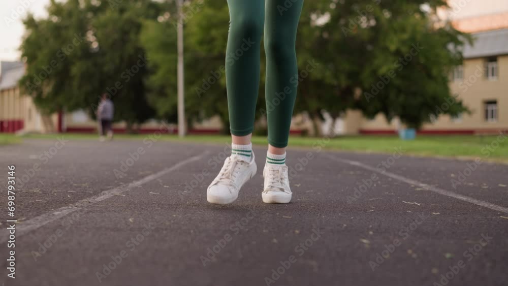 Woman takes on solo cardio session. Sportswoman in athletic clothes jogging close to evening time around city stadium near home. Blood circulation during active pursuit Woman takes on solo cardio session. Sportswoman in athletic clothes jogging close to evening time around city stadium near home. Blood circulation during active pursuit
