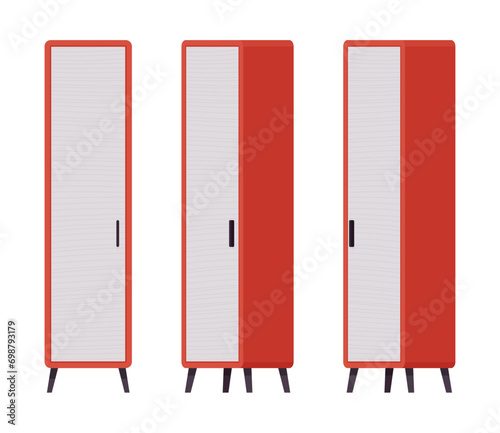 Storage closet, tall slim red linen one door cabinet set. Wooden living room organizer, bedroom interior item. Vector flat style cartoon home, office furniture objects isolated on white background