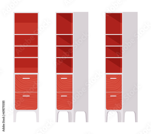 Tall cabinet set, narrow red bookshelf display. Freestanding study room, bathroom organizer slim shelf storage. Vector flat style cartoon home, office furniture objects isolated on white background