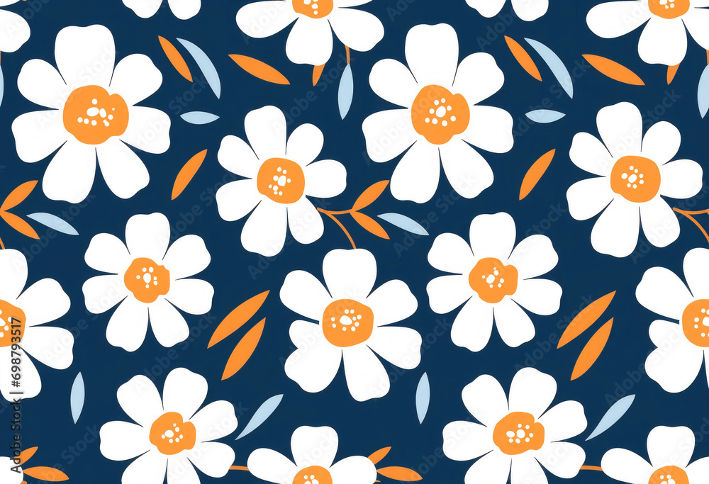 Seamless Sunny Floral Harmony. Vibrant white and yellow flowers contrast against a deep blue background in a seamless pattern perfect for fabrics or decor