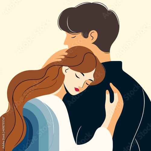 Girl hugging and loving his boyfriend with her head on his shoulder.