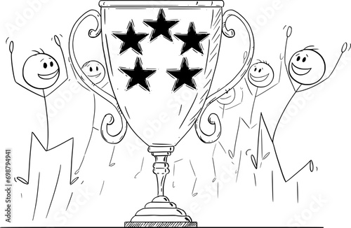 Team Celebrating with Victory Trophy Cup, Vector Cartoon Stick Figure Illustration