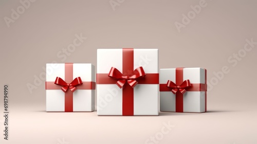 Three white gift boxes with red ribbons. 3D rendering. Generative AI © Alex