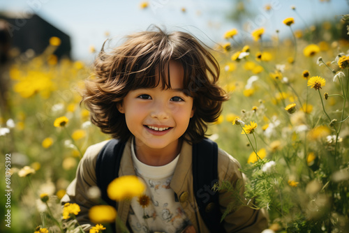 Bambina di origini asiatiche di 7 anni corre felice in un prato pieno di fiori in primavera