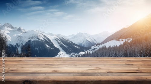 Wooden floor against the background of snow-capped mountains. Generative AI