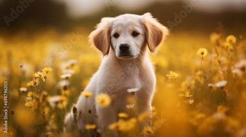 Golden Retriever puppy sitting in the field of dandelions Generative AI