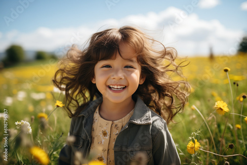 Bella bambina di origini asiatiche di 7 anni corre felice in un prato pieno di fiori in primavera