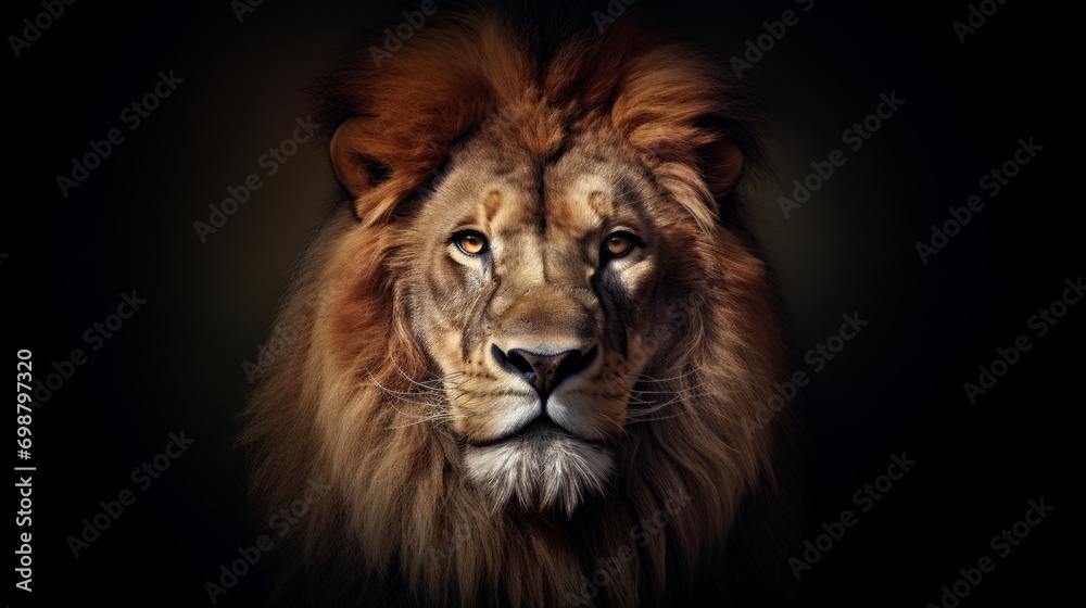Portrait of a beautiful male lion on a black background. Animal theme. Generative AI