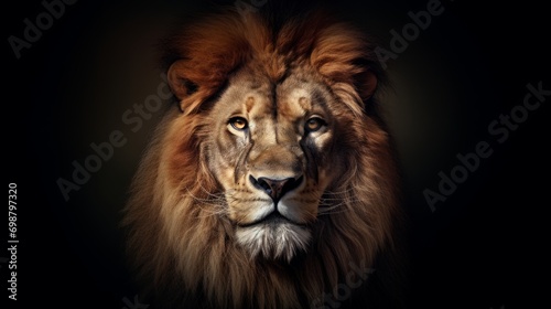 Portrait of a beautiful male lion on a black background. Animal theme. Generative AI © Alex