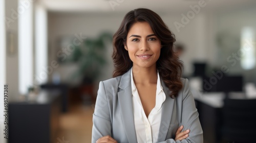 Portrait of a smiling businesswoman standing with arms crossed in office Generative AI