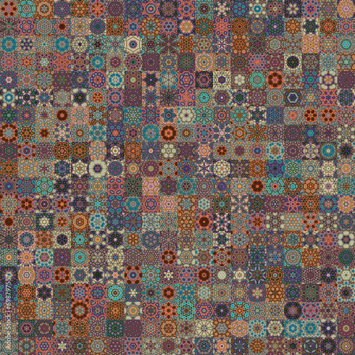 Floral geometric mandala shapes, vintage style seamless pattern background.