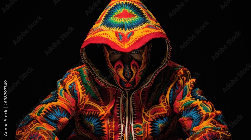 person wearing a vibrant Joropo costume, showcasing intricate embroidery generative ai