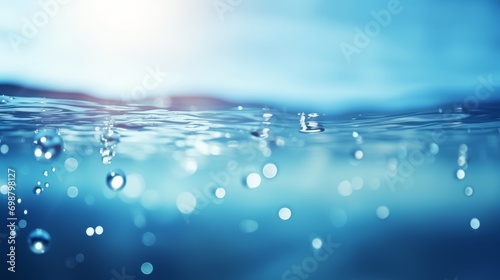 Blue water background with water drops and sun rays. 3d rendering Generative AI