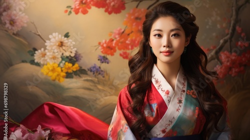 woman proudly wearing a Korean Hanbok, showcasing vibrant colors generative ai