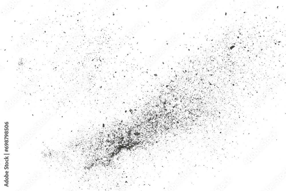 Black chalk pieces and powder flying, effect explode isolated on white