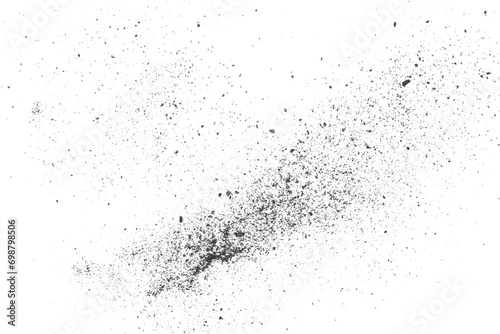 Black chalk pieces and powder flying, effect explode isolated on white