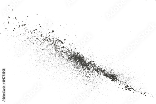 Black chalk pieces and powder flying, effect explode, isolated on white