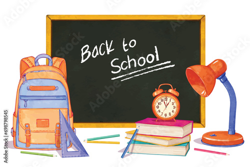 School supplies and classroom students objects, books, black board. Back to school , Education and studying concept