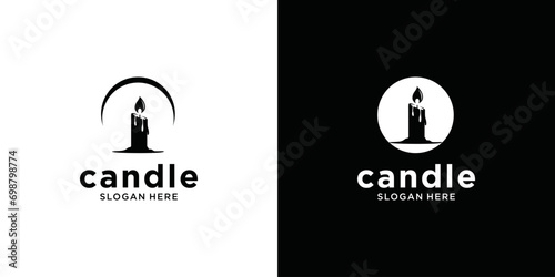 Candlelight Flame Logo Design. Burning candle logo in black and white silhouette.Luxury Vintage style design