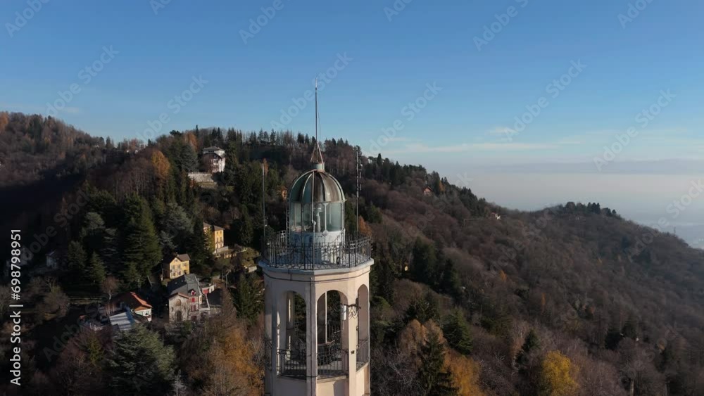 Alessandro Volta's Lighthouse, brunate, lake Como, Italy. Aerial Drone footage