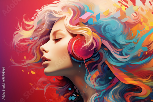 A brightly colored illustration of a woman listening to music. Very detailed