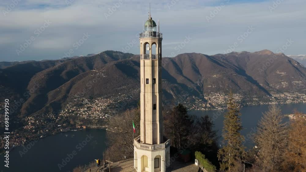 Alessandro Volta's Lighthouse, brunate, lake Como, Italy. Aerial Drone footage