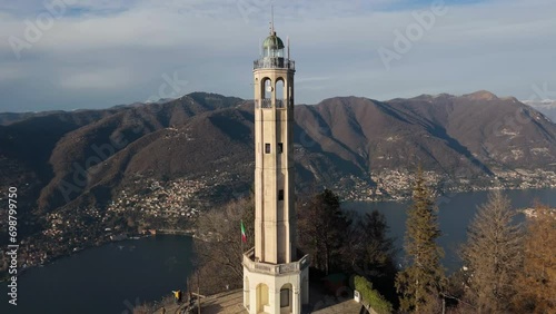 Alessandro Volta's Lighthouse, brunate, lake Como, Italy. Aerial Drone footage photo