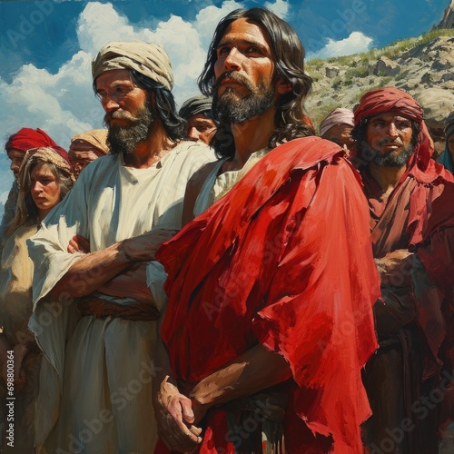 In serene tableau, Jesus Christ and disciples gather, radiating divine harmony. Scene captures essence of spiritual teachings and the sacred camaraderie among these central figures of Christian faith.