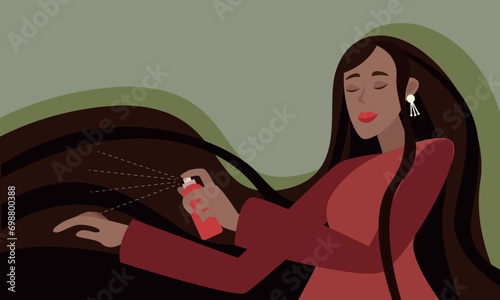 Woman with long dark hair uses hair spray. The concept of cleanliness, freshness and self-care. Daily routine. Vector horizontal illustration.