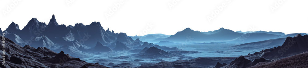 panoramic wide angle view of a vast landscape at night or dusk - mountain range - sharp jagged rocks - vast arid rocky landscape - alien planet surface - foggy misty dark mood - pen tool cutout - obrazy, fototapety, plakaty 