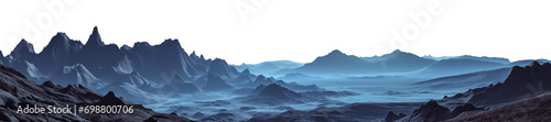 panoramic wide angle view of a vast landscape at night or dusk - mountain range - sharp jagged rocks - vast arid rocky landscape - alien planet surface - foggy misty dark mood - pen tool cutout © Mr. PNG
