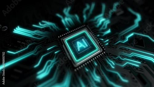 Seamless, loop abstract background, artificial intelligence AI on the motherboard. Microprocessor connects to the chip, pulses through the Circuit Board CPU. Electronic brain, machine learning. 4k