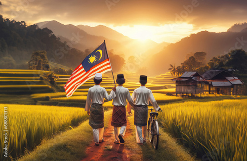 Village bot wearing a traditional malay clothes call "baju melayu" walking near the paddy field, holding malaysia flag. Indenpendence Day Concept