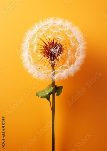 dandelion single white flower yellow background sparse floating particles long orange hair air avoid duplicate ability upbeat dreaming