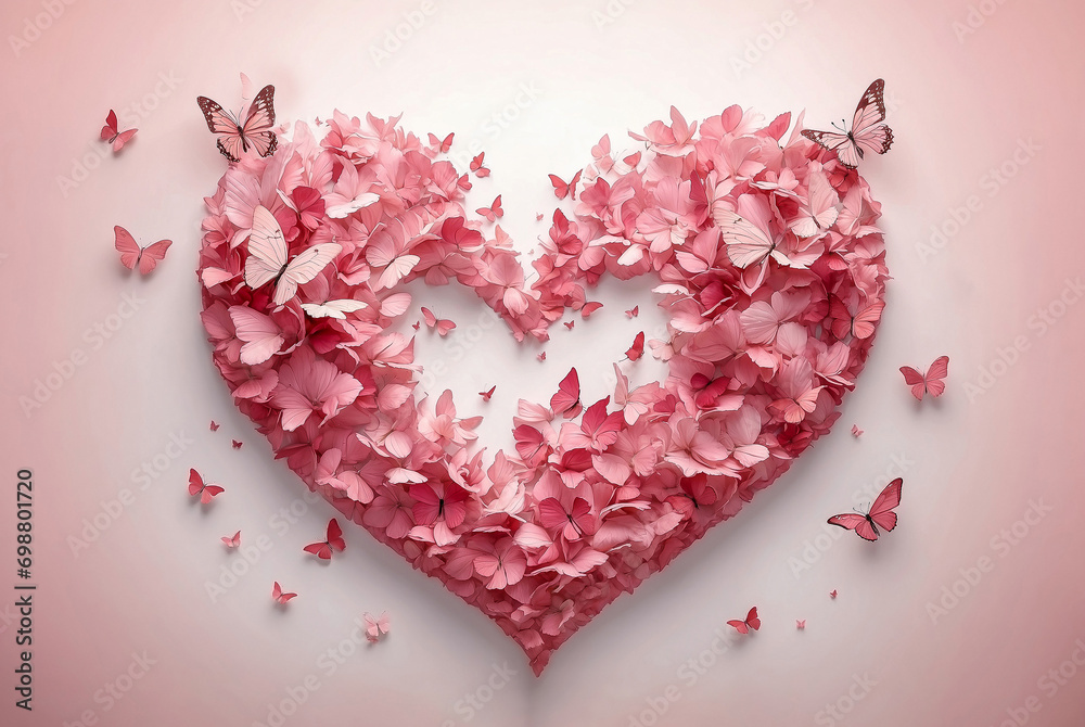 beautiful heart made of flowers and butterflies on a light background. love and romance concept. Valentine's Day