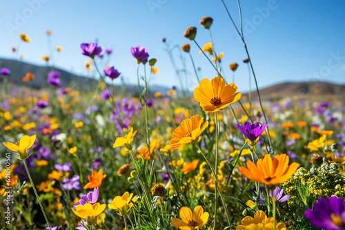 wide-angle shot of vibrant wildflower field with clear blue sky in the background