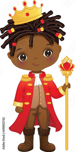 Vector Cartoon Cute Black Prince Holding Sceptre