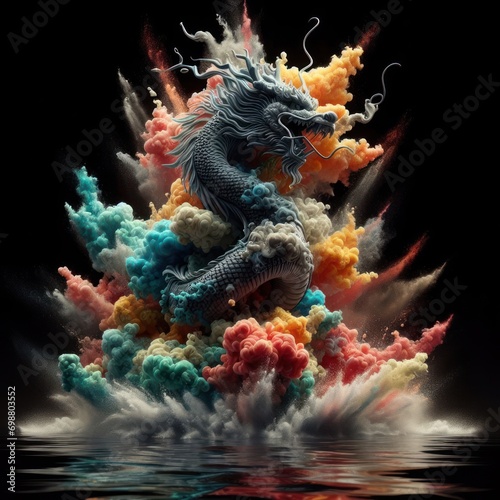 graphic image of a Chinese dragon in smoke rings of different colors, year of the dragon, traditions and history © Serhii