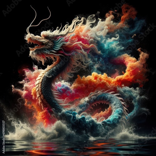 graphic image of a Chinese dragon in smoke rings of different colors, year of the dragon, traditions and history