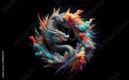 graphic image of a Chinese dragon in smoke rings of different colors, year of the dragon, traditions and history