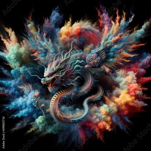 graphic image of a Chinese dragon in smoke rings of different colors, year of the dragon, traditions and history © Serhii